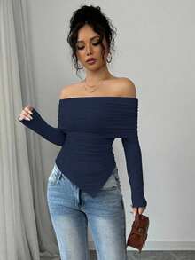 Camiseta elegante de mujer con hombros descubiertos, solapa ancha, dobladillo con cordón y ajuste delgado, para primavera y otoño - Azul marino - Ver 6