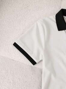 Blusa casual de mujer con cuello polo a rayas y manga corta - Blanco y Negro - Ver 4