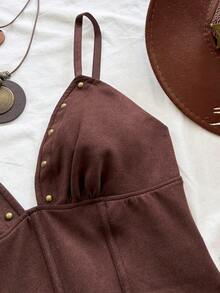 Camiseta sin mangas de punto rojo con escote en V y espalda cruzada, adecuada para citas, estilo bohemio, vacaciones, otoño, ropa de mujer, vintage, días festivos - Marrón 3 - Ver 4