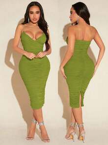 Vestido de punto de corte en V profundo con tirantes finos y ajustado hasta la rodilla para mujer - Verde - Ver 7