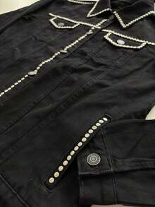 pthirillo Women's Black Denim Jacket, Maxi Oversized, Black Cotton Denim, Long Sleeve, Premium Style With Silver Studs, Casual, Loose Fit With Pockets, Cowboy Style, Sparkly And Rhinestone Embellishments. - 金屬釘 - 查看 7