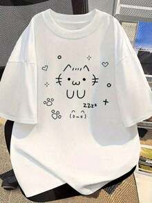Camiseta de Mujer con Estampado de Gato y Corazón - Top Casual Holgado, Cuello Redondo Transpirable, Ropa Moderna Lavable a Máquina, Ideal para Uso en Casa o como Regalo, Diseño Divertido, Atuendo Diario, Idea de Regalo, Camiseta de Cuello Redondo, Diseño Juguetón, Tela Transpirable - Negro - Ver 6