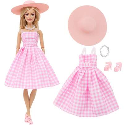 Quần áo búp bê 30cm Váy kẻ sọc hồng trắng, mũ, giày, vòng cổ, bộ vòng tay, quà tặng sinh nhật/lễ hội đồ chơi công chúa (Không bao gồm búp bê)