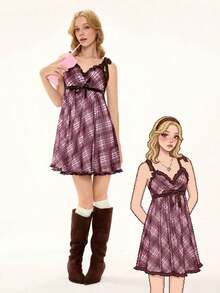 ROMWE Kawaii Vestido mini casual y suelto de mujer con volantes y corbata a cuadros - Marrón - Ver 1