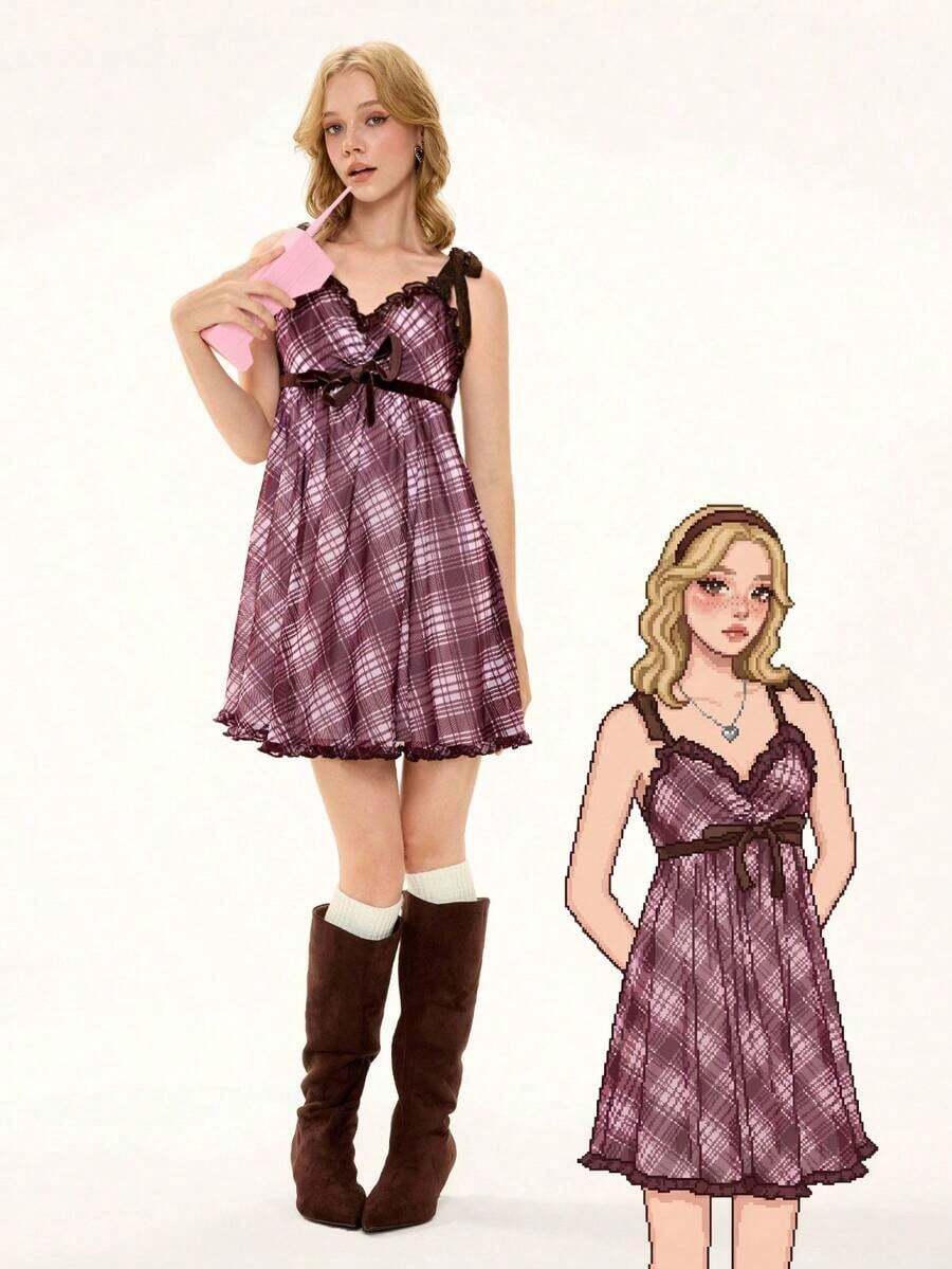 ROMWE Kawaii Vestido mini casual y suelto de mujer con volantes y corbata a cuadros - Marrón - Ver 1