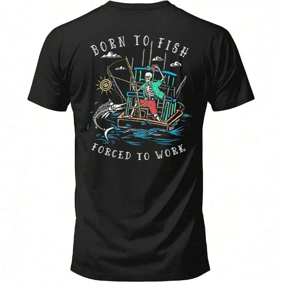 "Salty Bones Born To Fish Forced To Work" Fishing Boat Print T-Shirt, 100% Ring-Spun Cotton, Classic Fit, Printed In The USA. DPVU - 白色 - 查看 1