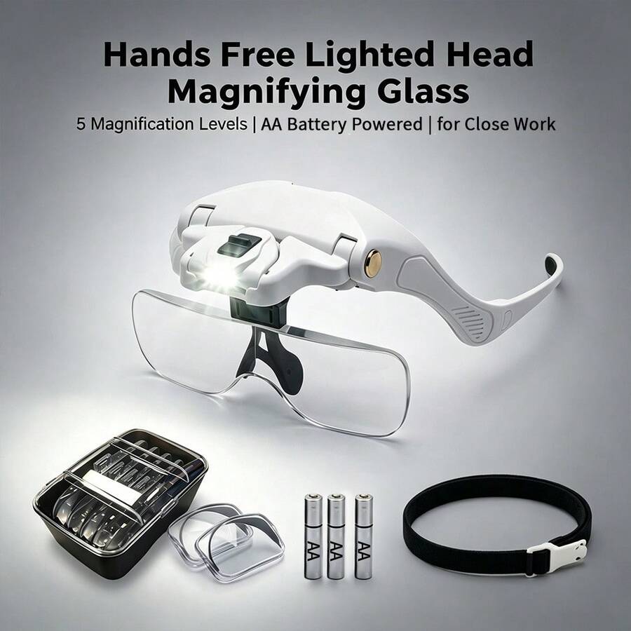Head-Mounted Magnifier With LED Illumination, 5 Interchangeable Lenses 1.0X To 3.5X, Adjustable Headband, Hands Free Magnifying Glasses With 3 AA Batteries For Reading, Jewelry Making, Electronics Repair, Model Building, Craft Hobby - View 1