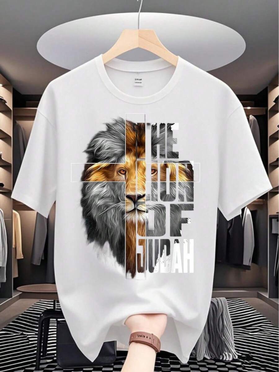 Short Sleeve Crew Neck T-Shirt| Digital Print With Special Lion Of Judah Design, High Quality At An Affordable Price, Soft To The Touch, Quick Dry, Casual Sport Style, Versatile, Breathable, Lightweight, Moisture Wicking. - 白色 - 查看 1
