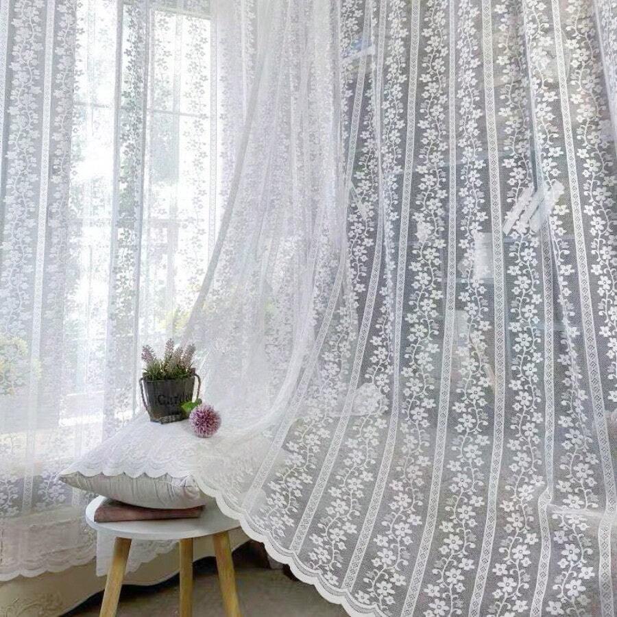 1 pieza Cortina de voile con encaje minimalista francés, ambiente transparente para balcón, sala de estar, ventana de bahía, decoración de dormitorio, apta para todas las estaciones (excluyendo la barra de cortina) - Blanco - Ver 1