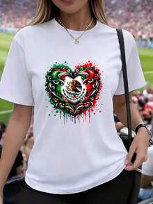 Camiseta de mujer de manga corta, estampado de corazón, diseño de salpicadura en colores verde, blanco y rojo, con escudo nacional en el centro, cuello redondo casual - Blanco - Ver 1