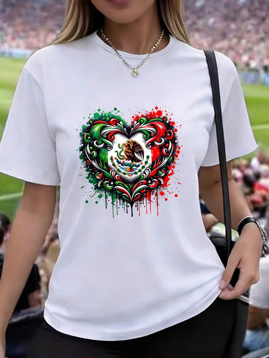 Camiseta de mujer de manga corta, estampado de corazón, diseño de salpicadura en colores verde, blanco y rojo, con escudo nacional en el centro, cuello redondo casual - Blanco - Ver 1