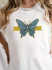 Camiseta de mujer con diseño de mariposa y brillo, ajuste cómodouna camiseta estampada muy distintiva / estilo unisex / adecuada tanto para hombres como para mujeres / resistente a las arrugas / transpirable - Blanco - Ver 8