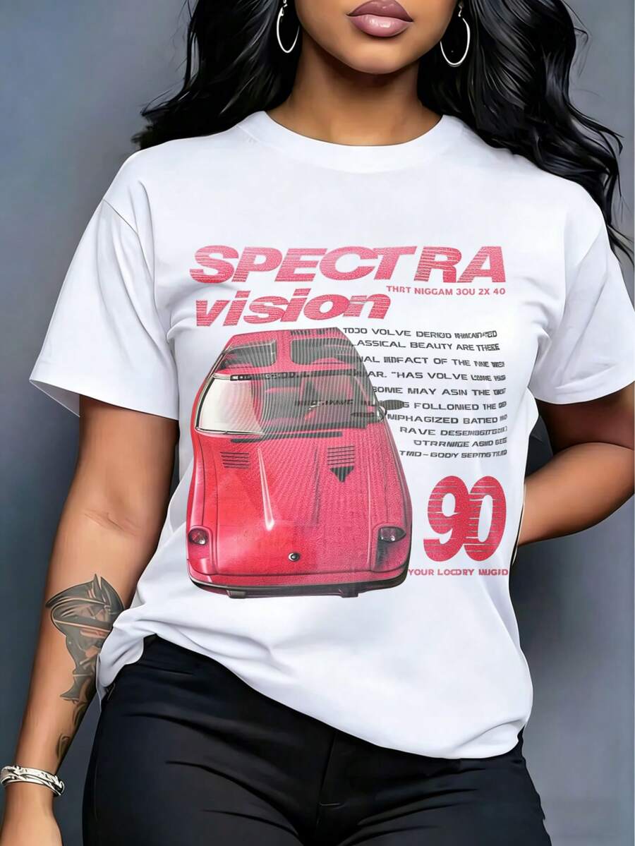 Camiseta de manga corta para mujer, con estampado de auto retro, acompañado de letras "SPECTRA vision" y número "90", efecto desgastado, estilo urbano, cuello redondo. - Blanco - Ver 1