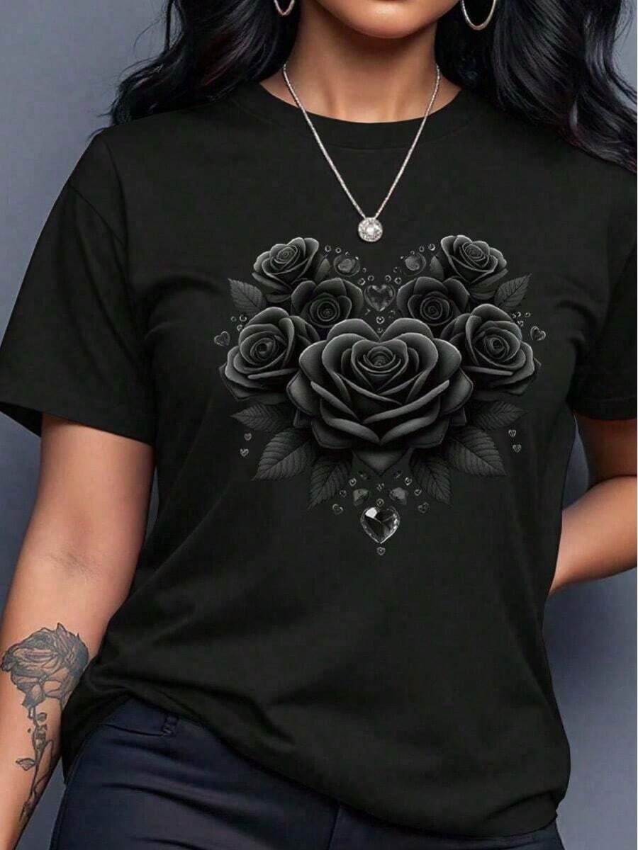 Camiseta de manga corta para mujer, casual, con cuello redondo, moderna, versátil, con estampado de eslogan, para el verano, estilo informal. - Negro1 - Ver 1