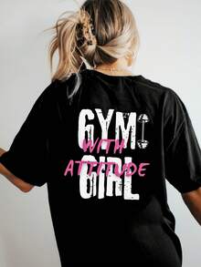 Women's Graphic Print Attitude Drop Shoulder T-Shirt - Casual Black Letter T-Shirt For Enthusiasts, Short Sleeves, Crew Neck, Women's Clothing Shirts - 黑色 - 查看 1
