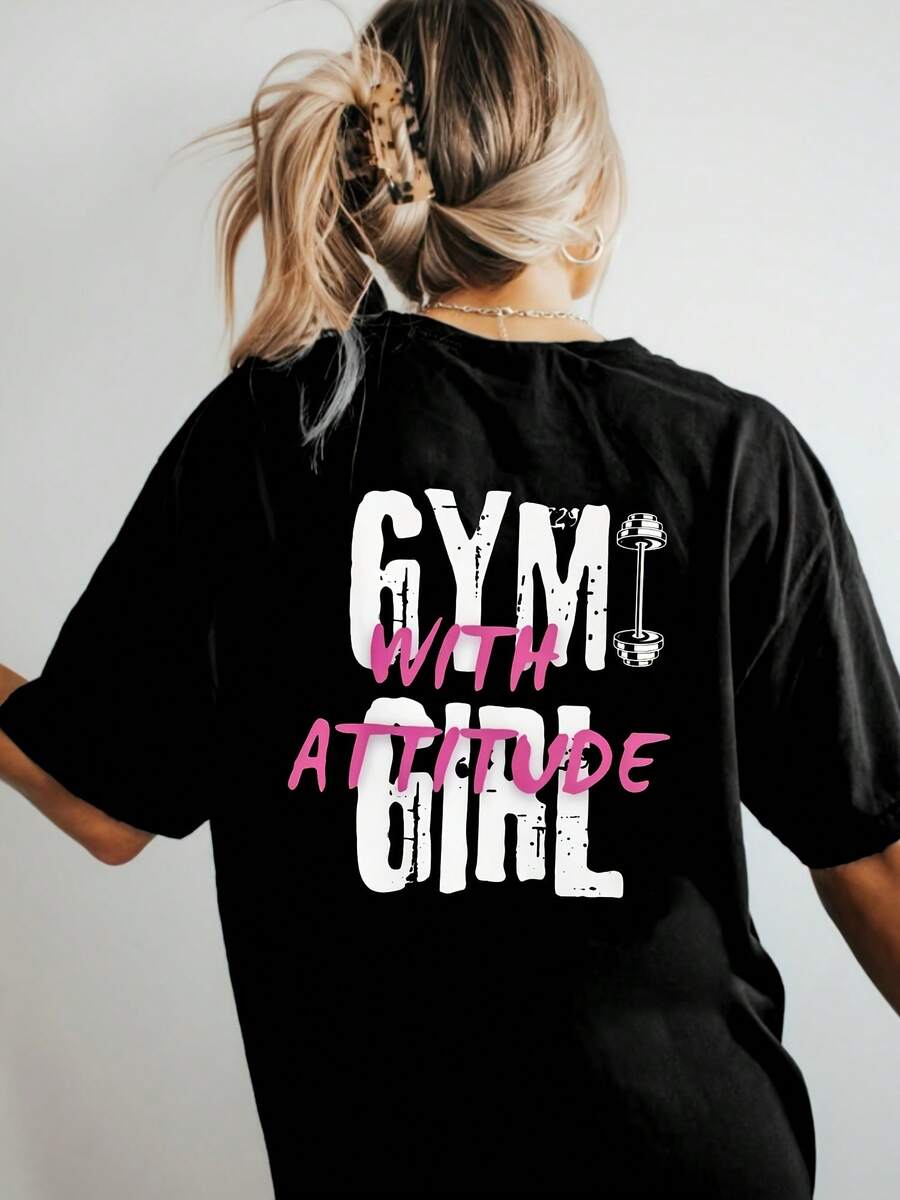 Women's Graphic Print Attitude Drop Shoulder T-Shirt - Casual Black Letter T-Shirt For Enthusiasts, Short Sleeves, Crew Neck, Women's Clothing Shirts - 黑色 - 查看 1
