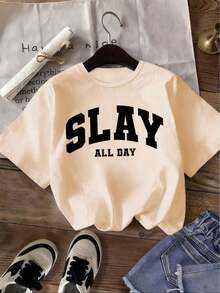 1 Men's And Women's Casual Fashion T-Shirt, Vintage Style, Short Sleeve, With "Shine All Day" Letter Print, Comfortable Polyester, Ideal For Daily And Outdoor Wear, Comfortable Fit. Versatile, Easy To Match, Suitable For Daily Wear, Urban Style, Vacation Wear, Weekend Wear. - 杏色 - 查看 1