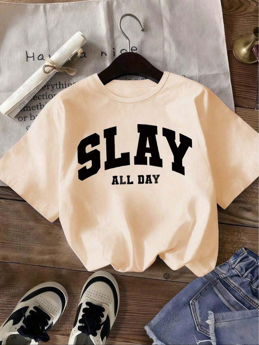 1 Men's And Women's Casual Fashion T-Shirt, Vintage Style, Short Sleeve, With "Shine All Day" Letter Print, Comfortable Polyester, Ideal For Daily And Outdoor Wear, Comfortable Fit. Versatile, Easy To Match, Suitable For Daily Wear, Urban Style, Vacation Wear, Weekend Wear. - 杏色 - 查看 1