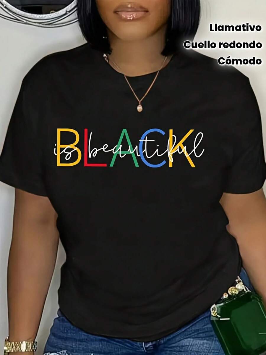 Plus Size Women's Casual Short Sleeve T-Shirt - Colorful "Black Beautiful" Print, Round Neck, Machine Washable, Sizes 1X-8X, Year-Round Comfort, Versatile Top, Bold Lettering, Soft Fabric, Printed Shirt, Fashion Lovers - 黑色 - 查看 1