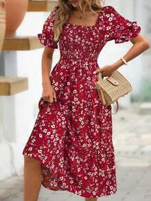 Clasi Vestido de línea A con mangas abullonadas y estampado floral para mujer - Rojo - Ver 6
