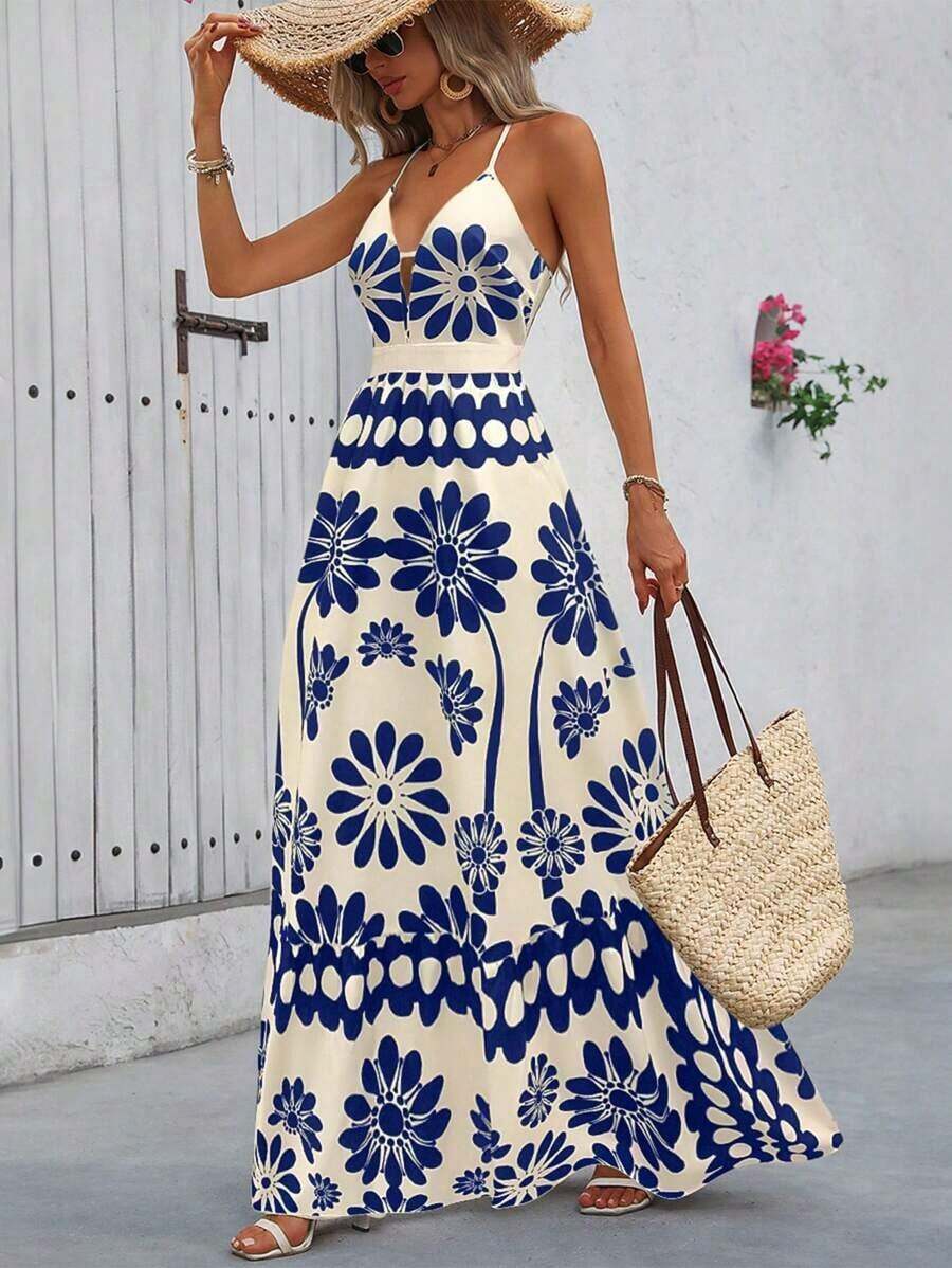 Vestido casual de línea A con estampado completo, escote cruzado y espalda descubierta, para primavera y verano, para vacaciones de mujer - Azul marino - Ver 1