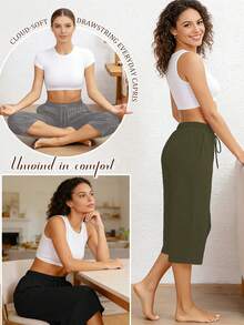 3 Pack Women's High Waisted Drawstring Capri Pants With Pockets, Loose Fit Stretchy Yoga Casual Pants, Tummy Control Hide Belly Slimming Sweatpants For Spring Summer Fall, For Pregnancy Postpartum Curvy Moms, Essential For Home Meditation Walking Light Outdoor Exercise - 黑淺灰軍綠 - 查看 3