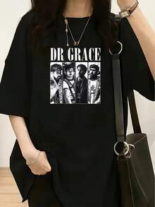 Unisex Short-Sleeved T-Shirt, Loose Fit. T-Shirt With "DRGRACE" Text. Multi-Panel Black And White Silhouette Combination Pattern. Fashionable Women's Spring/Summer T-Shirts. Men's Style T-Shirts.  Woman, Romwe Men, Boho Chic, Teachers Gifts, T-Shirt For Curvy Women's Sets, Y2k. - 黑色 - 查看 6
