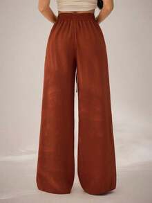 Pantalones casuales rectos y sueltos con cinturón de unicolor para mujer, versátiles para invierno, Navidad y primavera - Color caoba - Ver 2