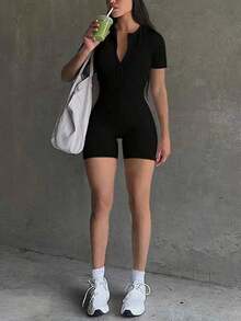 Mono corto y ajustado con diseño sin espalda, que resalta la figura, nueva moda elegante para el verano - Negro - Ver 4
