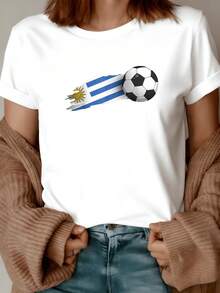 Uruguayan Flag With Radiant Sun And A Soccer Ball Symbolizing Sporting Pride And Feminine Energy; Comfortable And Modern Casual Women's T-Shirt - 白色 - 查看 8