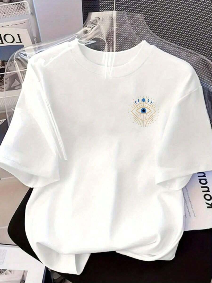 Soft 100% Cotton T-Shirt, Casual And Fashionable Style, With A White And Blue Eye Print With Gold Glitter. | Casual Short-Sleeved T-Shirt, Round Neck, Loose And Breathable, Suitable For All Seasons, With A Blue And Gold Eye Design, Comfortable And Loose, Made Of Breathable Cotton, Goes With Everything. - 白色 - 查看 1