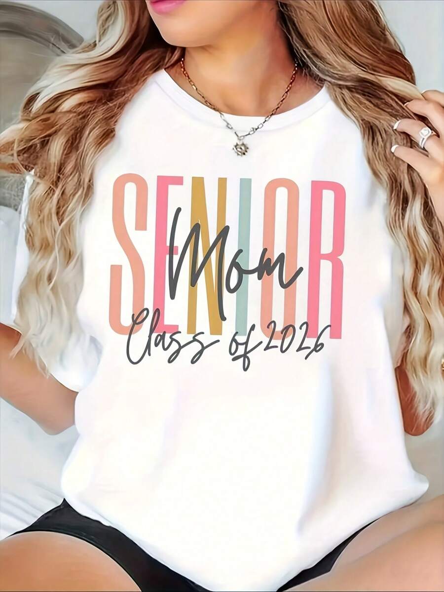 1 Piece Women's Graduation Mom 2026 T-Shirt - Colorful Design With Graduation Class Lettering And Number 26 - Breathable, Crew Neck, Short Sleeve, Casual And Comfortable Fit - A Celebration Gift For Graduation Mom Designed For Graduation Parties And Daily Wear, 180g 100% Cotton. - 白色 - 查看 1