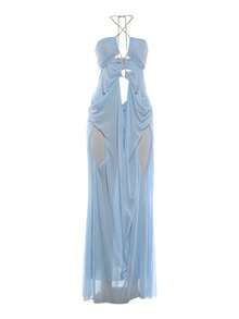 Vestido halter transparente de malla espalda descubierta estilo vacaciones playero - Azul - Ver 5