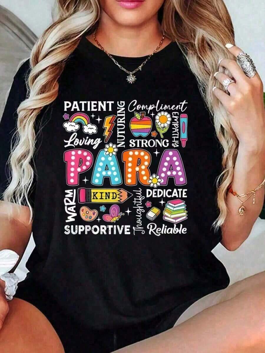 Para Appreciation Paras Paraprofessional Last Women'Casual Short Sleeve Crew Neck T-Shirts-Vintage Street Style Unisex Loose Cotton Short Sleeve Crew Neck T-Shirt 100% Pure Cotton - 黑色 - 查看 1