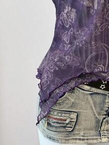 Blusa casual de mujer con cuello de corbata y estampado de anacardo, versátil para uso diario - Morado - Ver 7