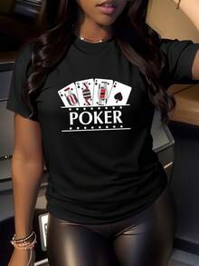 Women's T-Shirt, Casual Sports T-Shirt For Ladies, Round Neck T-Shirt, POKER, Poker Series T-Shirt, Game Theme Design, Modern Design, Party Wear, Comfortable Tops For All Seasons. - 黑色 - 查看 1