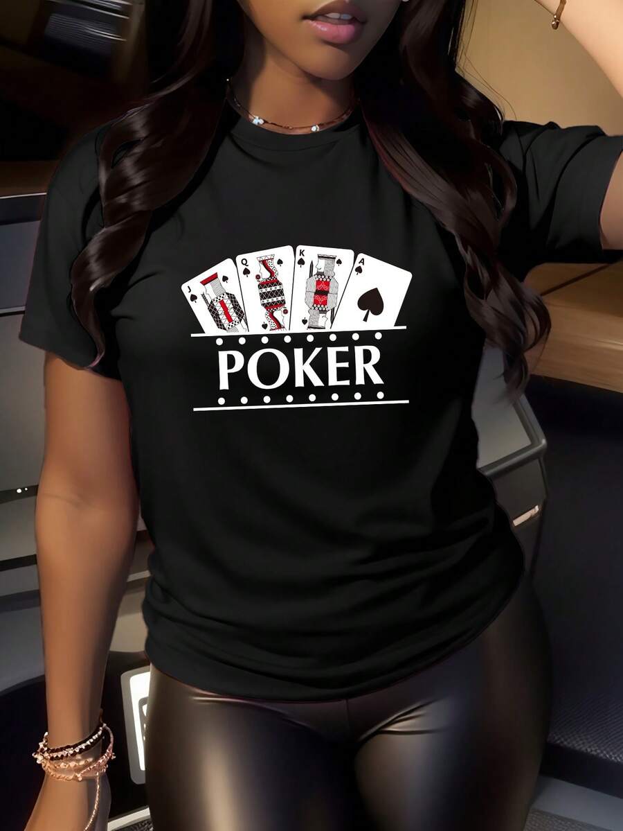 Women's T-Shirt, Casual Sports T-Shirt For Ladies, Round Neck T-Shirt, POKER, Poker Series T-Shirt, Game Theme Design, Modern Design, Party Wear, Comfortable Tops For All Seasons. - 黑色 - 查看 1
