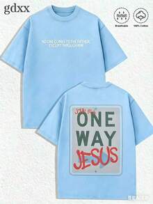 Jesus Graphic Print T-Shirt 'God Has A Plan', Double-Sided Print, Washed T-Shirt, Party Favors, Y2K Graphic Tees For Men, Vintage Washed Style T-Shirts - Sky Blue 2 - View 4