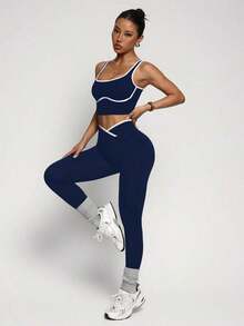 Dewbera Conjunto deportivo de mujer de dos piezas con bloques de color sin costuras, malla de yoga, conjunto de fitness, conjunto de entrenamiento de dos piezas, conjunto activo de dos piezas, conjunto deportivo negro de dos piezas - Multicolor - Ver 7