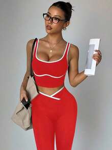 Dewbera Conjunto deportivo de mujer de dos piezas con bloques de color sin costuras, malla de yoga, conjunto de fitness, conjunto de entrenamiento de dos piezas, conjunto activo de dos piezas, conjunto deportivo negro de dos piezas - Rojo - Ver 6