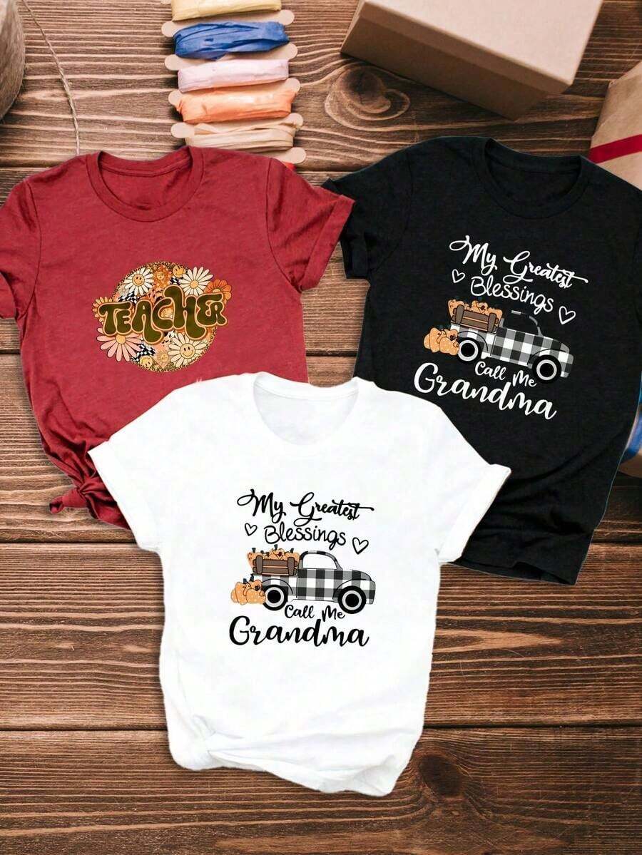 New 2026 Model: Women's Casual Short Sleeve T-Shirt, Floral Print Teacher Style, Printed With The Words "My Greatest Blessing Calls Me Grandma", Women's Short Sleeve Round Neck T-Shirt, Made Of Pure Cotton, Breathable, Casual And Sporty. - 黑色 - 查看 1