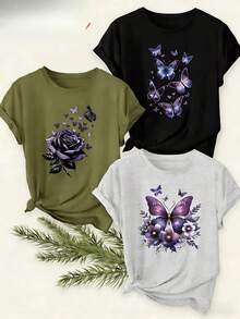 Women's T-Shirts, Women's T-Shirts, 1 Piece Set Of Casual Round Neck T-Shirts In Assorted Colors For Women | Gray Butterfly Print Short Sleeve Shirt, Soft And Comfortable - The Perfect Exclusive Gift For Mother's Day/Easter. - 1件黑色隨機圖案 - 查看 1