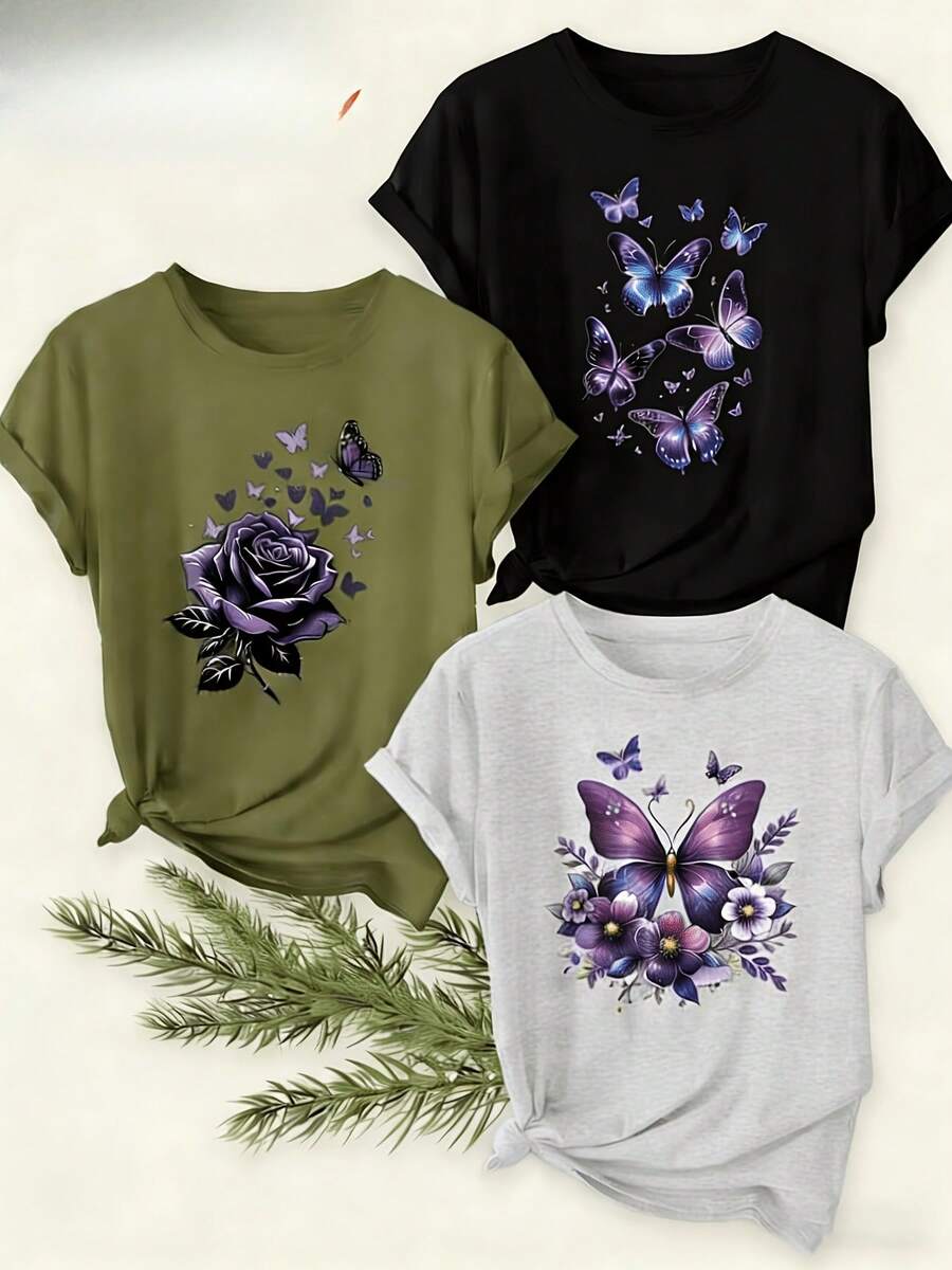 Women's T-Shirts, Women's T-Shirts, 1 Piece Set Of Casual Round Neck T-Shirts In Assorted Colors For Women | Gray Butterfly Print Short Sleeve Shirt, Soft And Comfortable - The Perfect Exclusive Gift For Mother's Day/Easter. - 1件黑色隨機圖案 - 查看 1