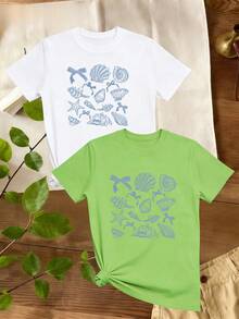Women's T-Shirts, Women's T-Shirts, Women's Casual One-Piece T-Shirt With Sea Creature Print, Shells, Starfish And Bows, Comfortable Top [One-Piece Set]. # ] - 1件白色隨機圖案 - 查看 1