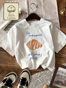 Women's Short-Sleeved T-Shirt, Retro Style Inspired By Internet Celebrities, Featuring A Light Croissant Print And French Phrase. 100% Pure Cotton, Crew Neck. Soft, Comfortable, And Casual. Available In Multiple Colors For Spring, Summer, And Fall, Making It A Great Gift. 100% Cotton. - 白色 - 查看 8