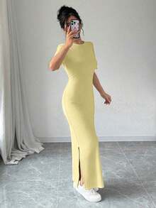 Vestido largo de mujer de manga corta con cuello en V y bajo dividido, de unicolor, vestido maxi elegante de color burdeos, vestido largo ajustado, vestido largo rojo, vestido maxi de manga corta para mujer, vestidos de mujer, vestido largo ajust - Amarillo claro - Ver 5