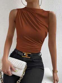 Camiseta sin mangas de corte slim con pliegues de unicolor minimalista para uso diario en verano para mujeres - Marrón Mocha - Ver 1