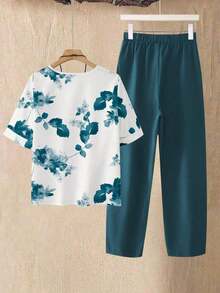 2 piezas Conjunto de top y pantalones casuales estampados para mujer - Azul lavado oscuro - Ver 2