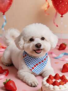 聚酯纖維藍色格紋草莓印花寵物圍巾，口水圍兜，Happy Little Dog，適合小型至中型貓狗（比熊、泰迪），適合全年室內或戶外玩耍，不適合大型犬種 - 查看 4