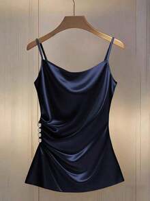 Camiseta ajustada con escote pronunciado y decoración de botones fruncidos en los laterales, de moda para mujeres - azul real 2 - Ver 3